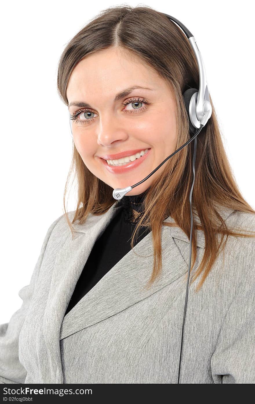 Young female customer service representative in headset, separately on white background