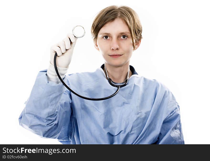 Friendly female doctor smiling isolated on white