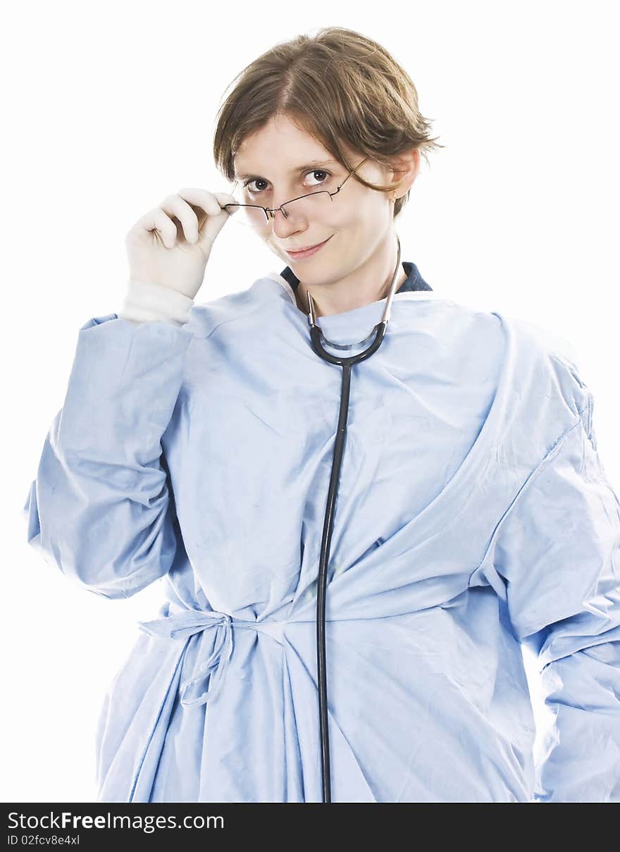 Friendly female doctor smiling isolated on white