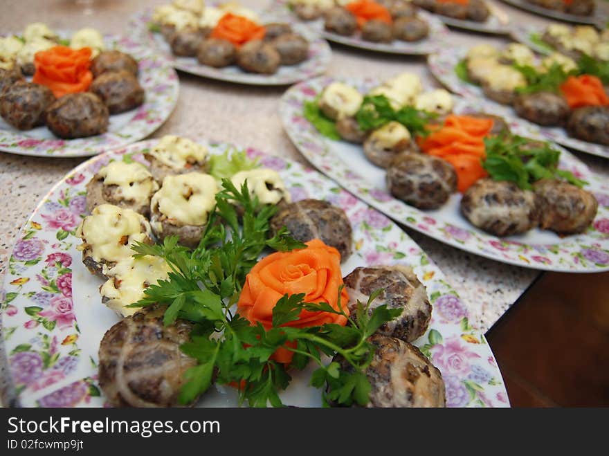 Arrangement of mushrooms stuffed with minced meat croquette. Arrangement of mushrooms stuffed with minced meat croquette