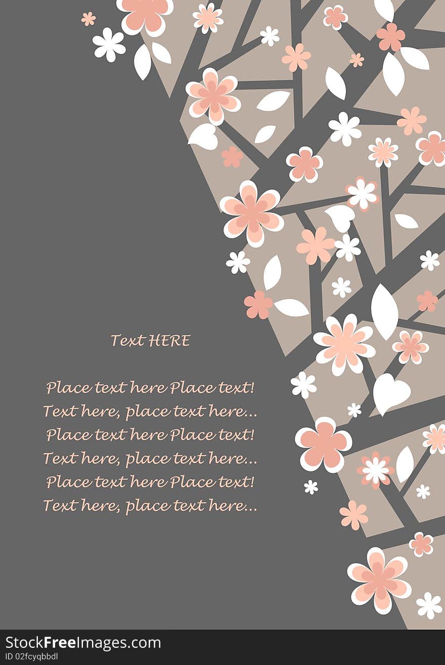 Postcard - flowering tree. In the blank space on the trunk, you can add your text