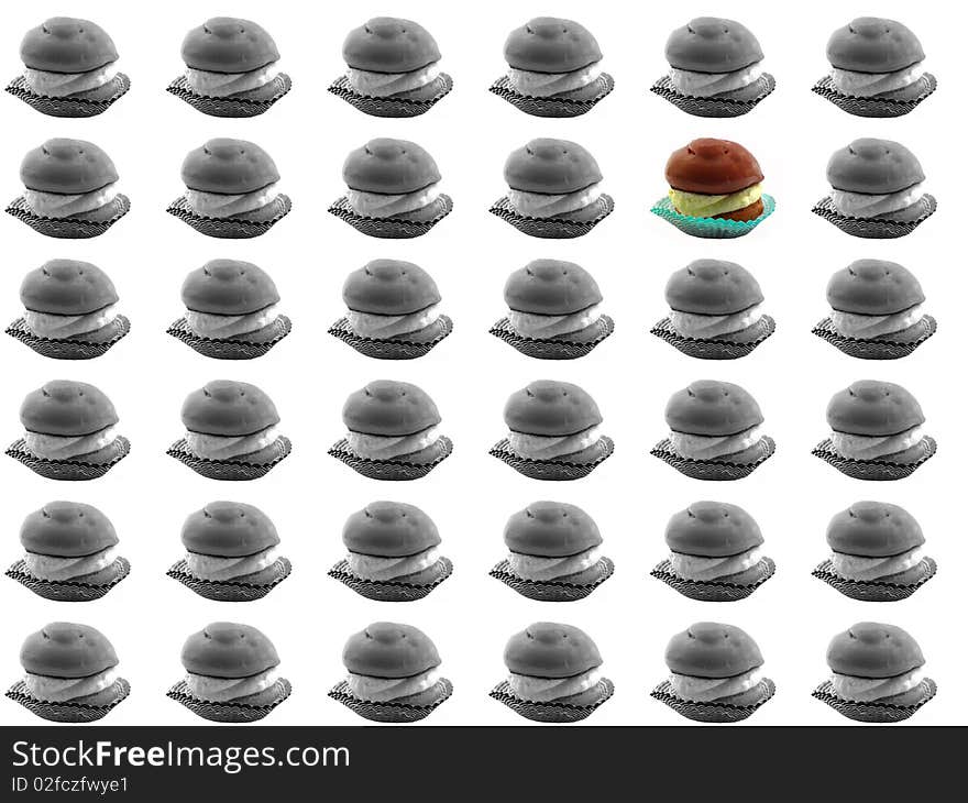 Cakes with cream and chocolate icing , isolated on a white background.
black and white cake and colored cake isolated on white background