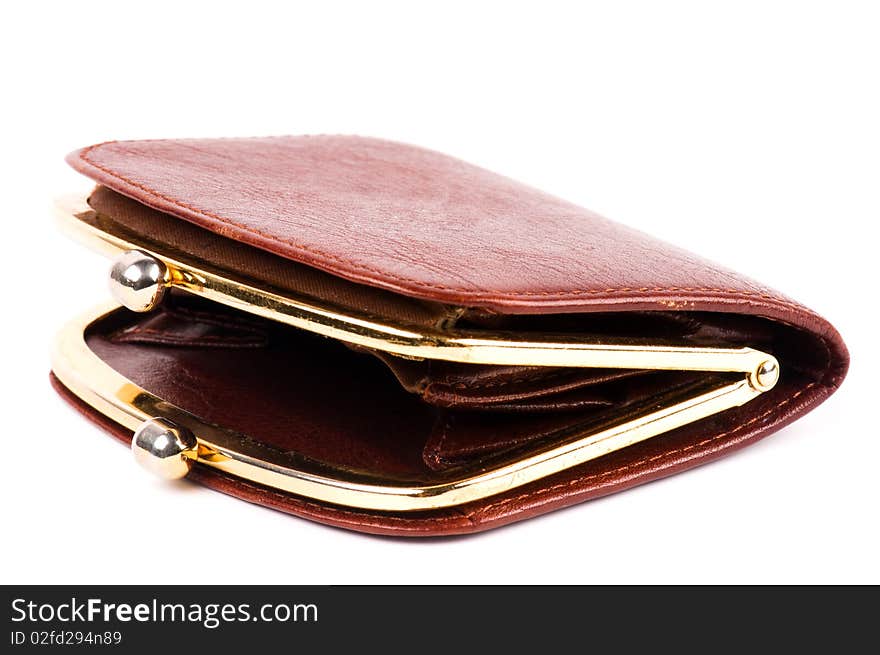 Old brown purse against white background. Old brown purse against white background