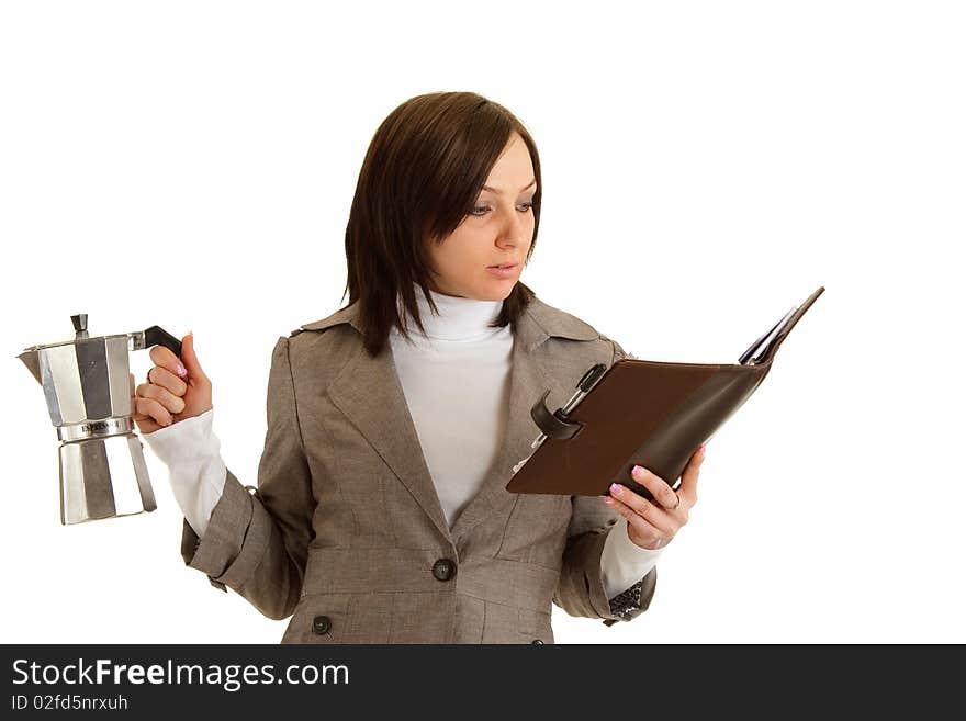 Business woman with timer and coffee