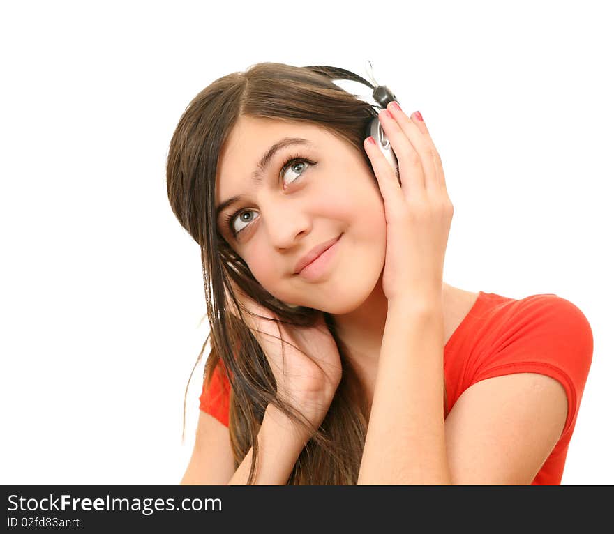 The girl in headphones on a white background