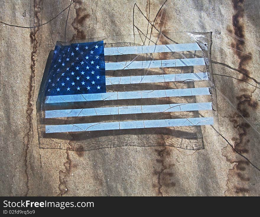 Old American flag decal in shop window