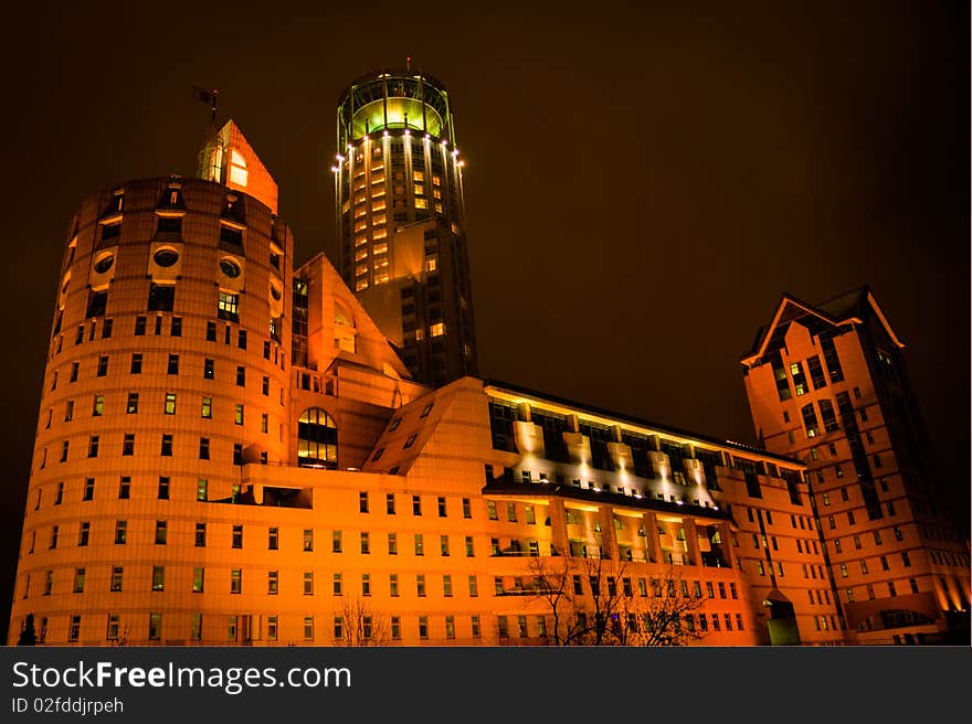 Night view on modern business building in Moscow