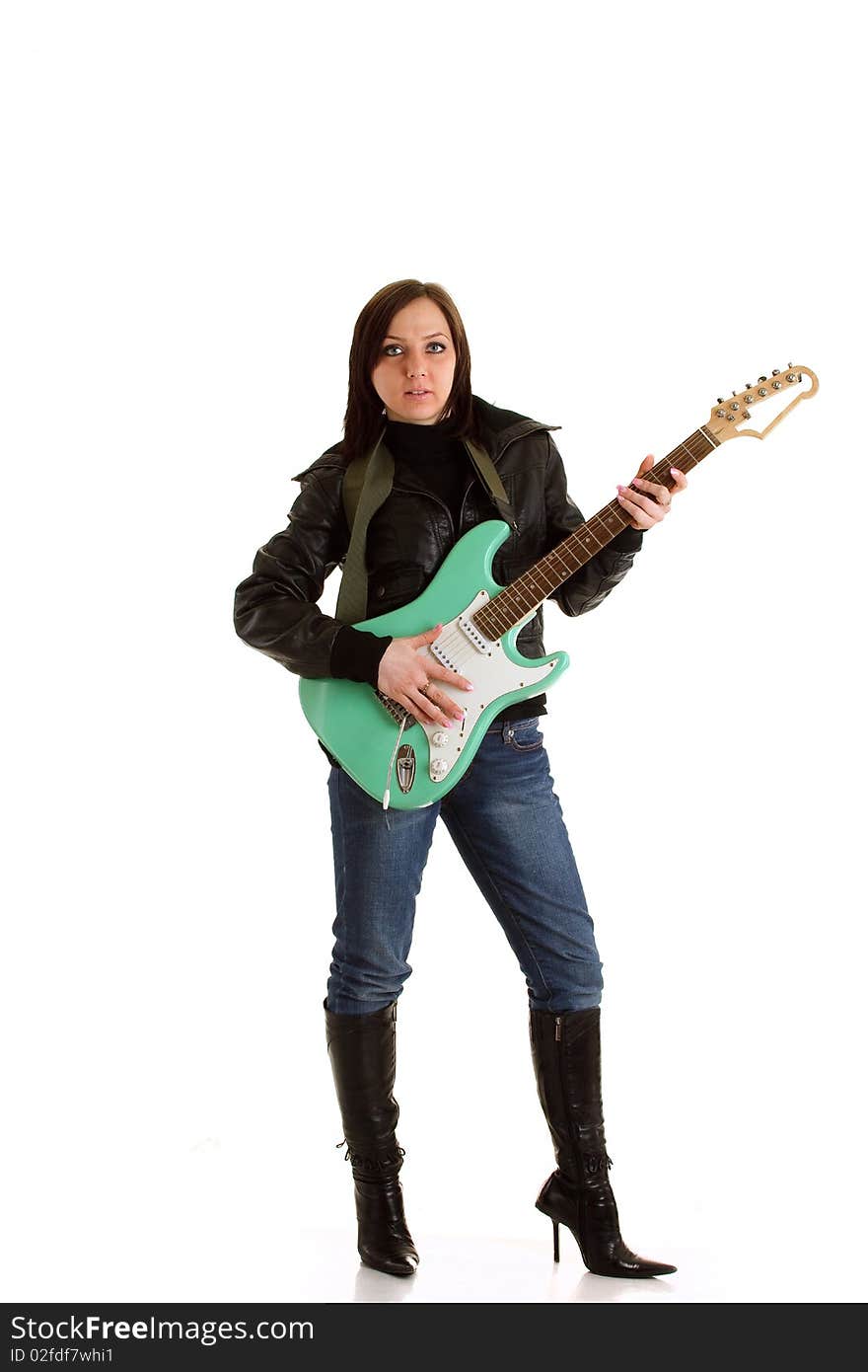 Photo of woman with leather jacket and electronic guitar. Photo of woman with leather jacket and electronic guitar