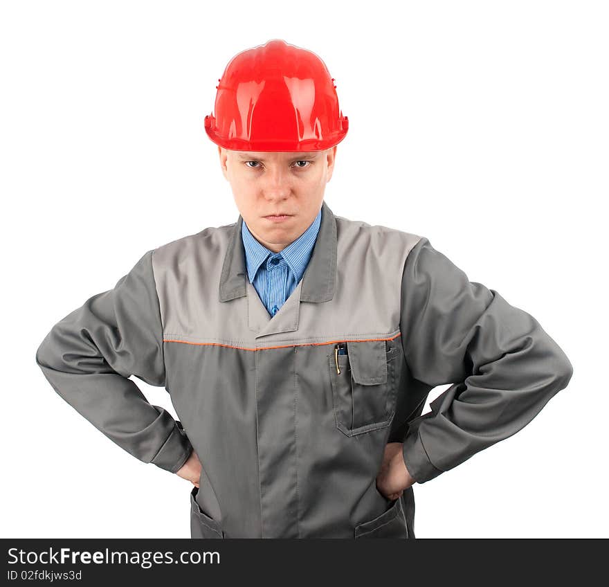 Construction worker looking serious. Isolated on a white background