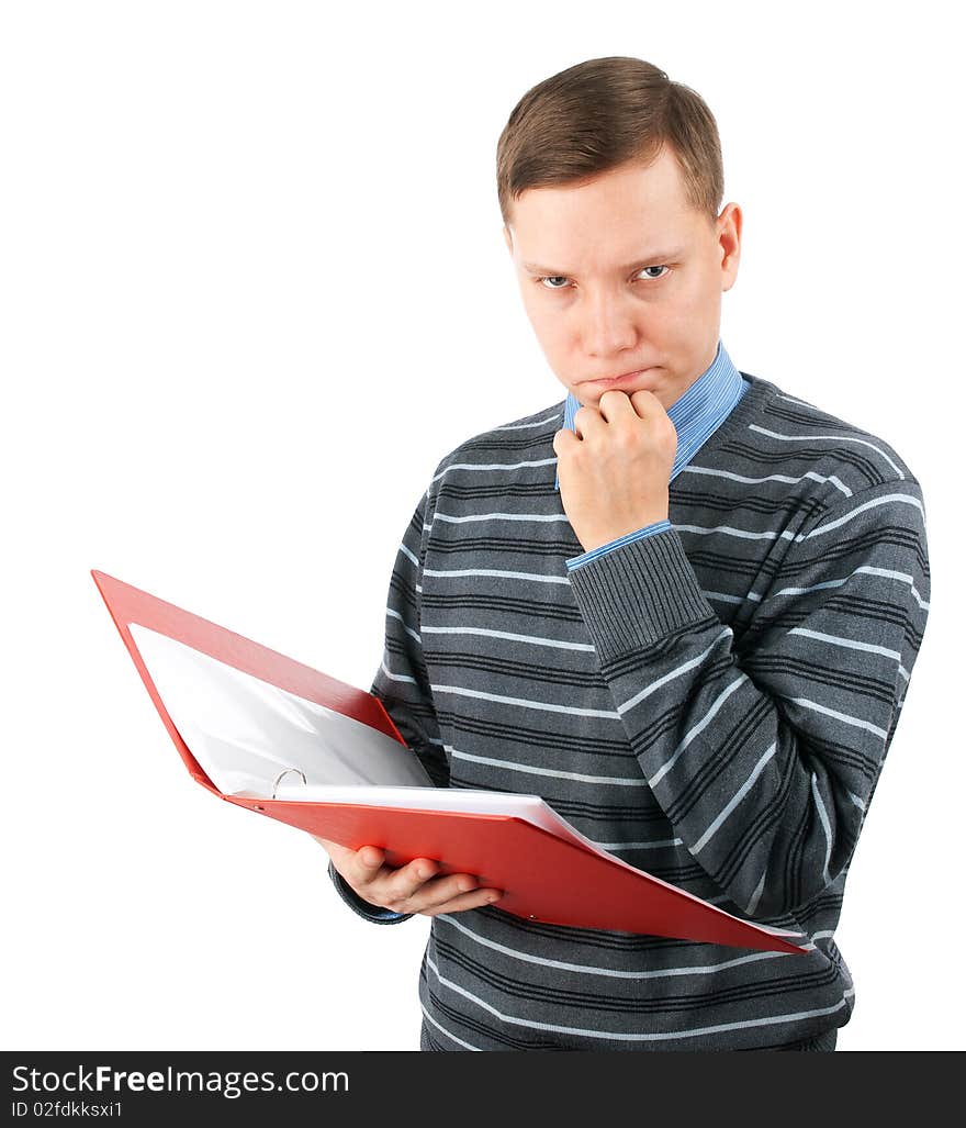 Serious young man with a red folder. Isolated on a white background