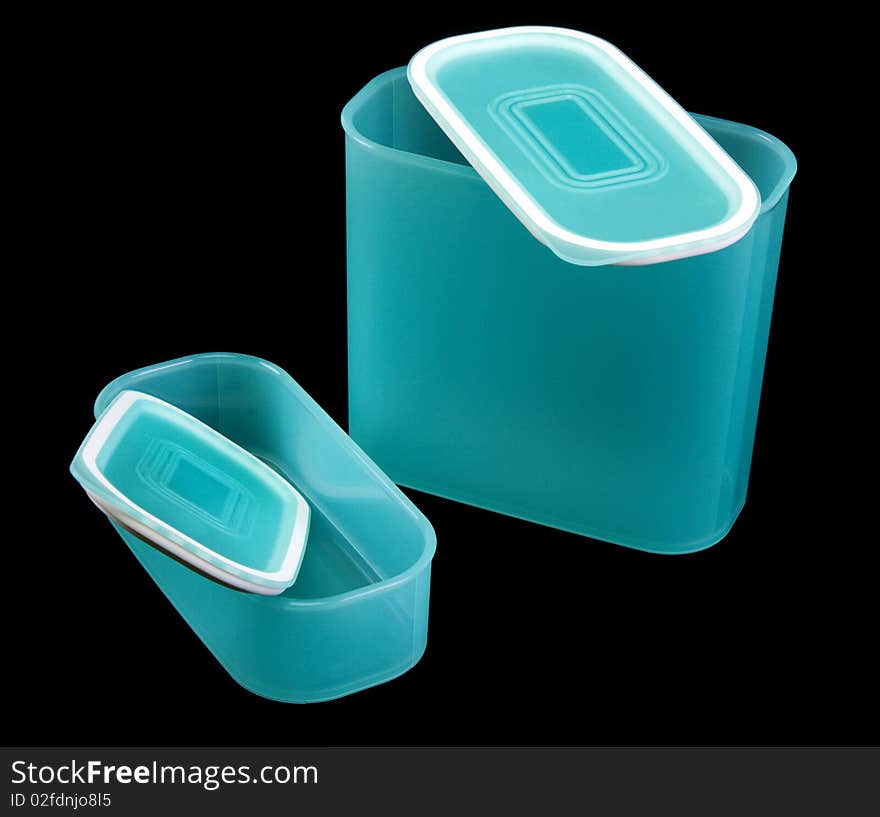 Two blue translucent plastic containers