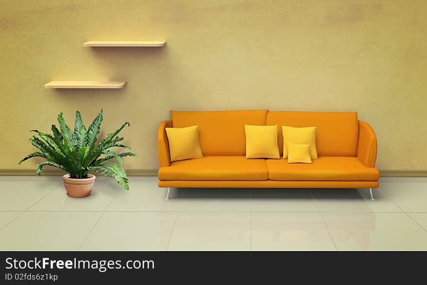 Orange sofa in the room