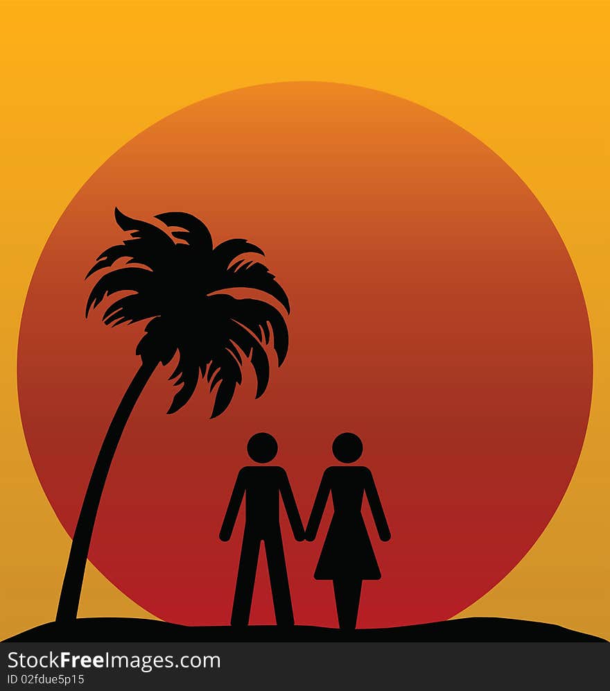 Couple silhouetted against a tropical sunset or sunrise