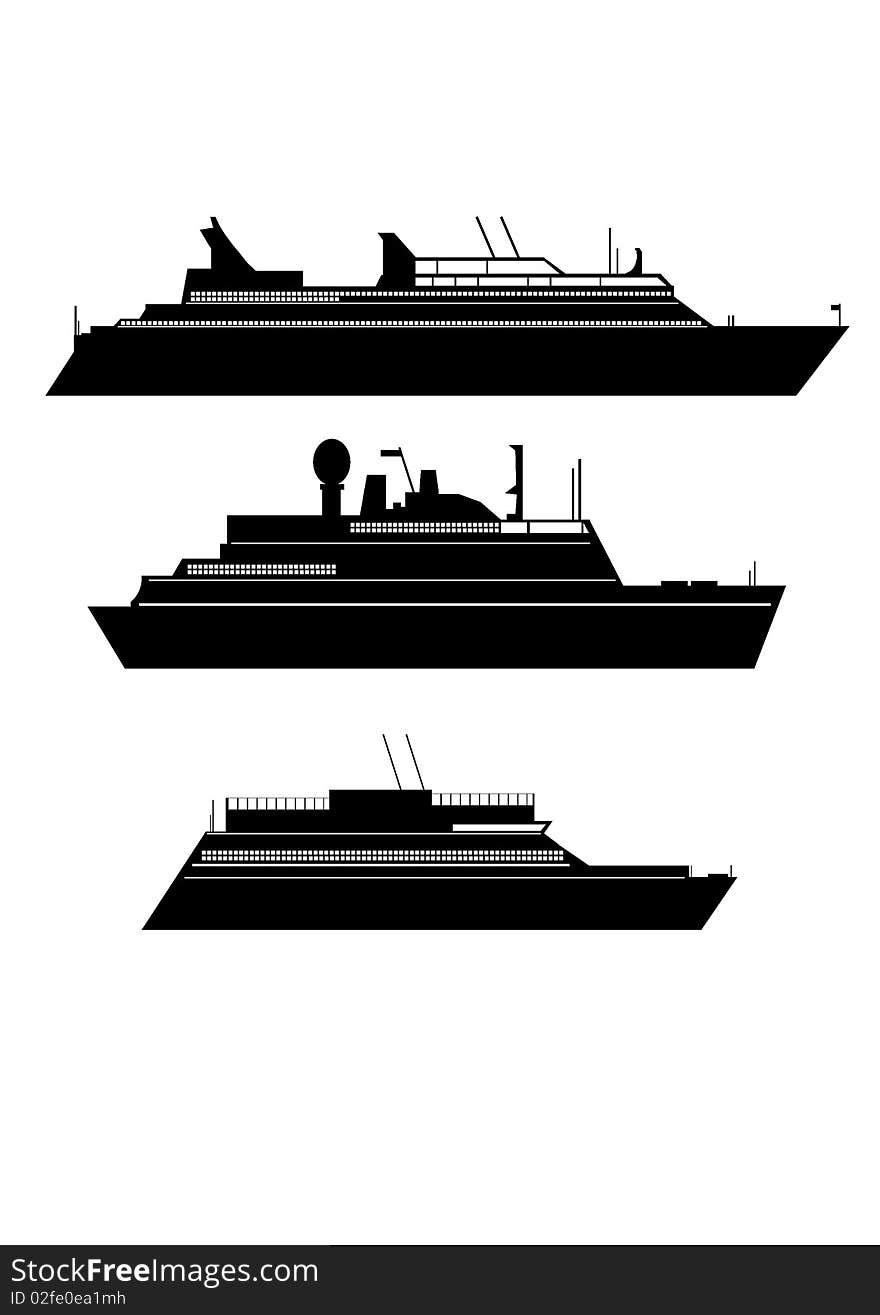 Modern cruise ships in silhouette.