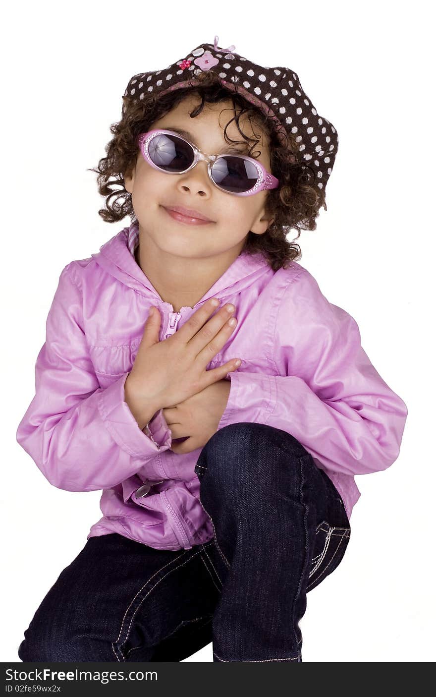 Cute afro american girl wearing pink jacket and sunglasses. Cute afro american girl wearing pink jacket and sunglasses