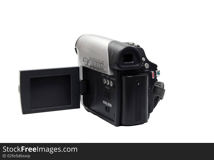 Digital video camera on white background