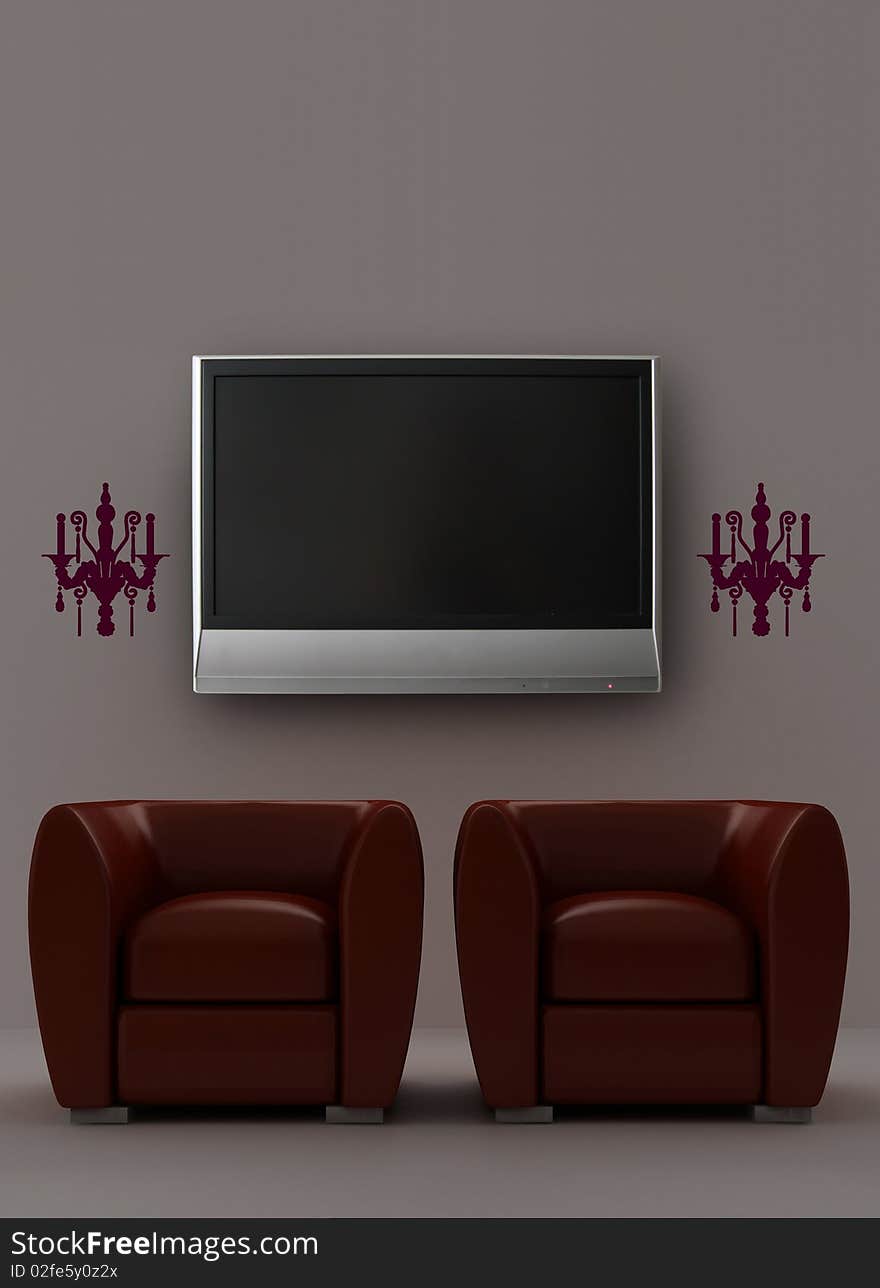 Two red armchairs with LCD tv and sconces