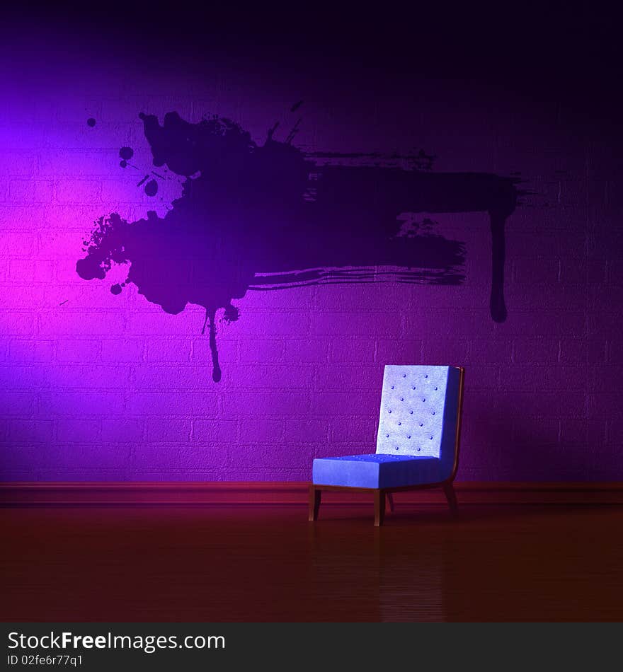 Blue leather chair with grunge splah in purple minimalist interior