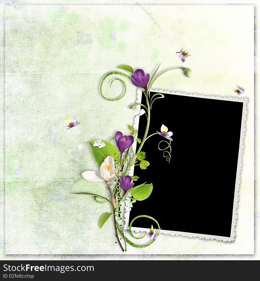 Green spring frame with paint crocuses. Green spring frame with paint crocuses