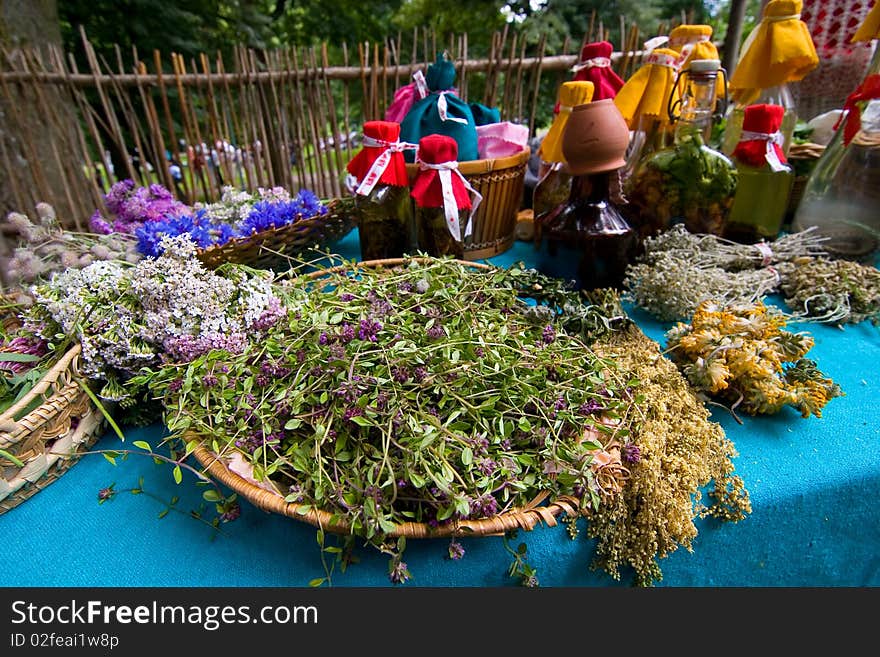 Different kind of herbs in folk fairy.