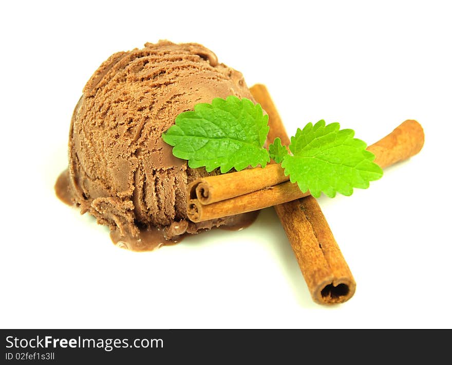 Ice cream chocolate scoop on white background