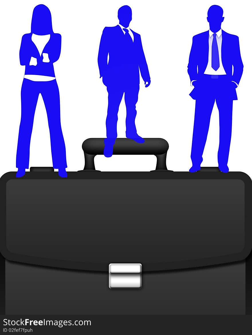 Business people stood on a briefcase isolated on a white background. Business people stood on a briefcase isolated on a white background