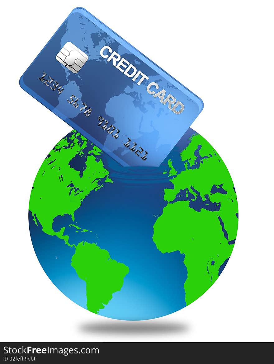 World credit with credti card in the sea isolated on white background in vector format. World credit with credti card in the sea isolated on white background in vector format