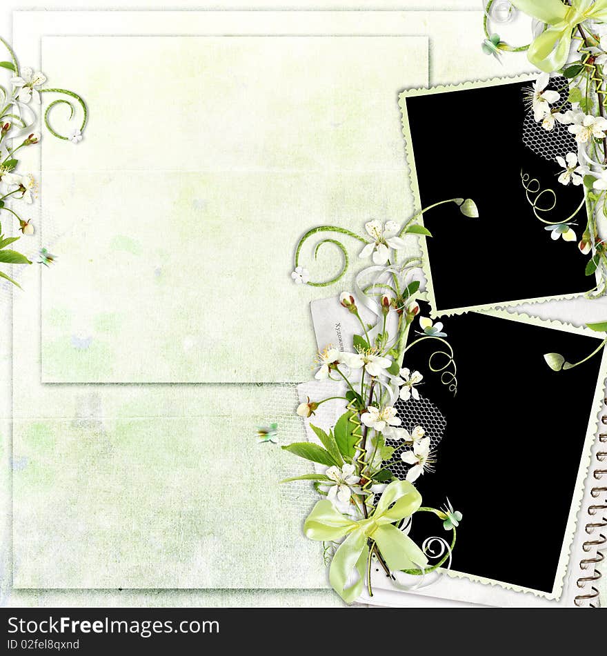 Green beautiful spring frame with cherry flowers. Green beautiful spring frame with cherry flowers