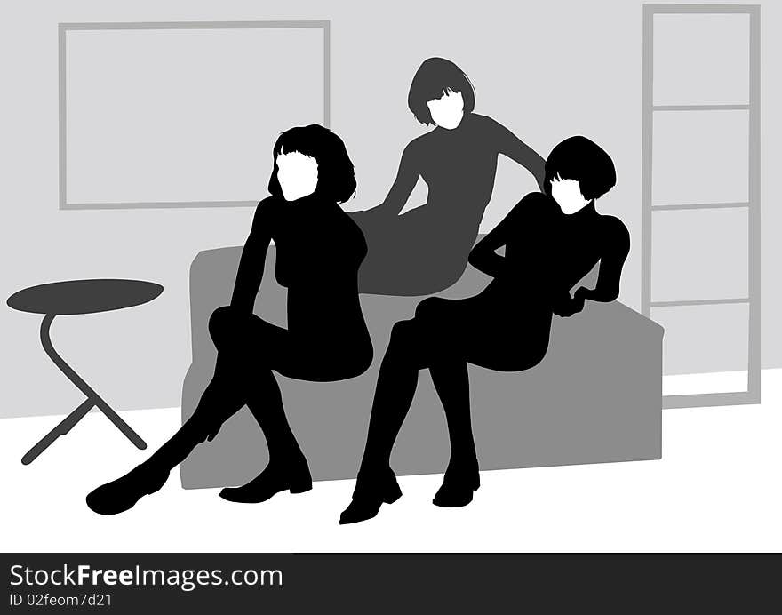 Drawing of beautiful young women on sofa. Drawing of beautiful young women on sofa