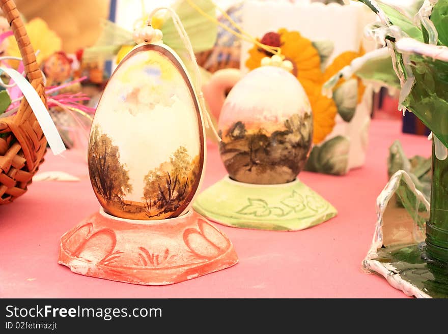 Colorful painted ostrich eggs before easter celebration