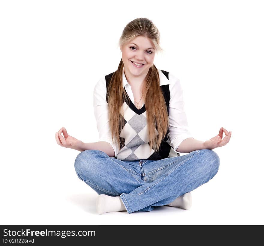 Pretty relaxed woman practicing yoga on a white background. Pretty relaxed woman practicing yoga on a white background