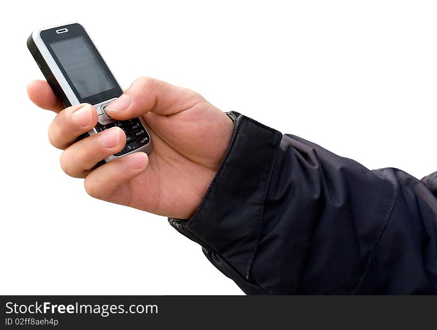 Man hand with cell phone in winter on white background. Man hand with cell phone in winter on white background