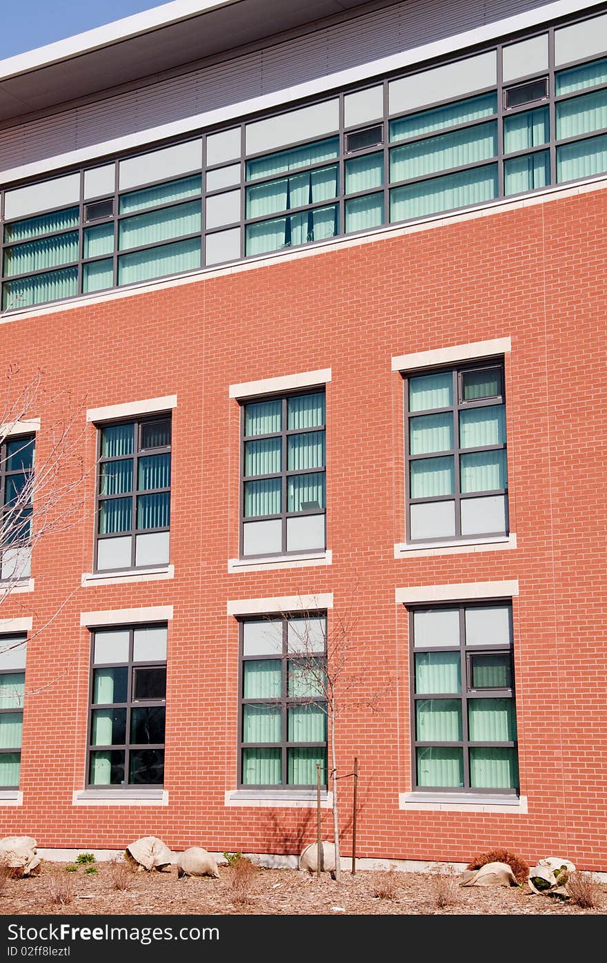 Modern brick and glass building in spring