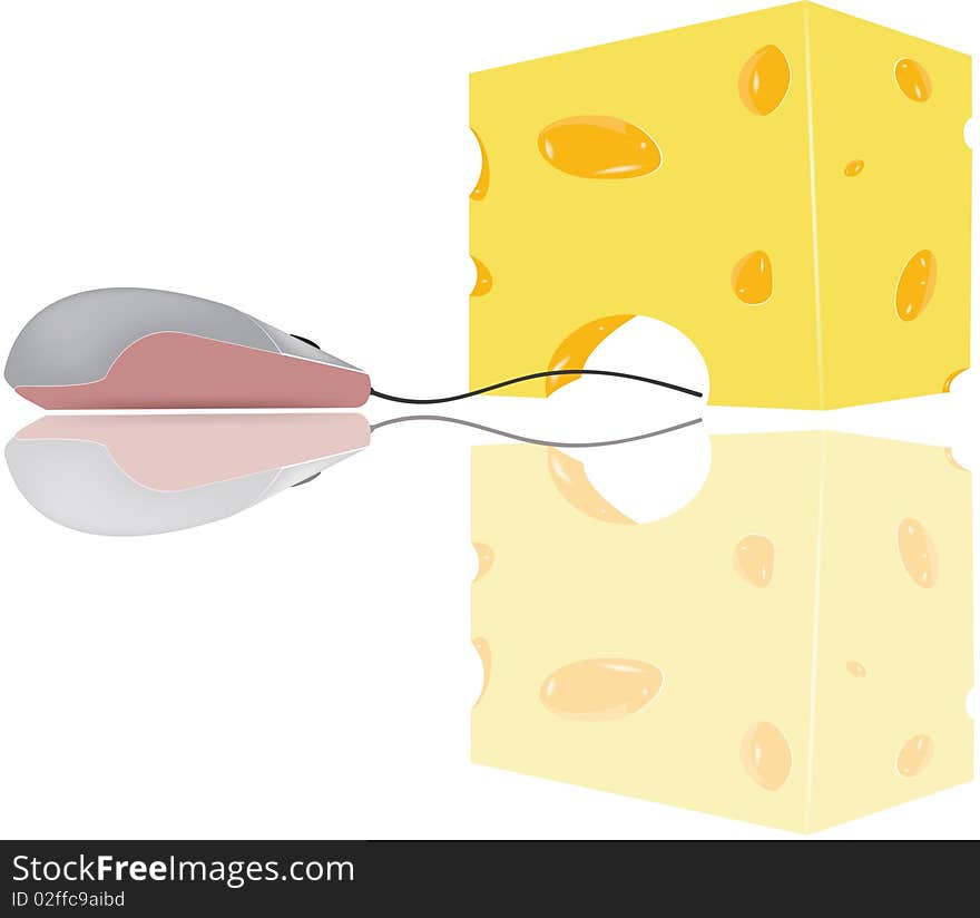 The isolated illustration of a piece of appetizing cheese near to which the computer mouse from which reflexion proceeds sits. The isolated illustration of a piece of appetizing cheese near to which the computer mouse from which reflexion proceeds sits