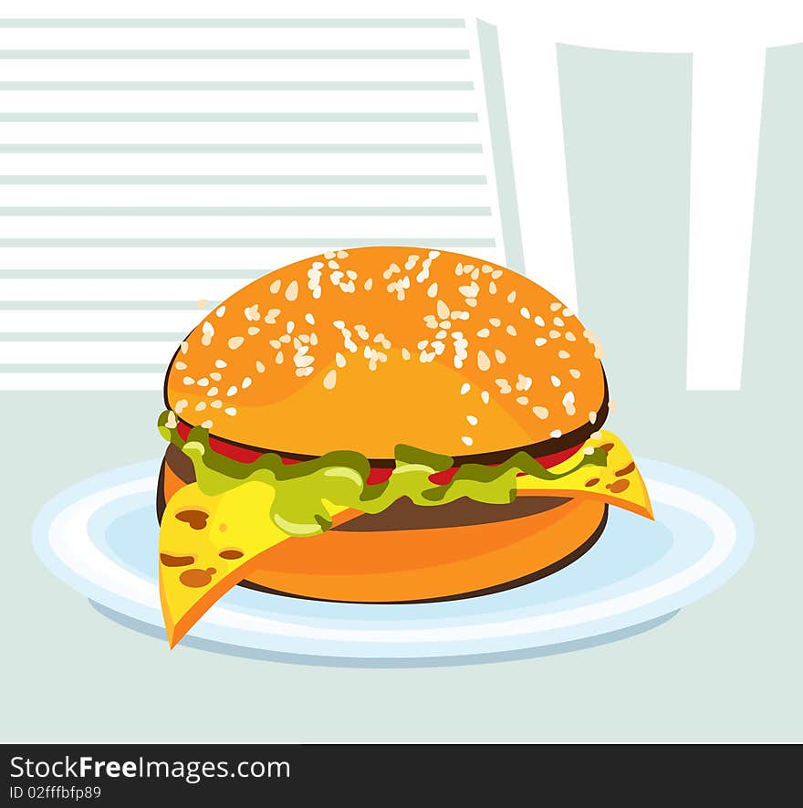 Image of a hamburger on a plate, against the wall and drink