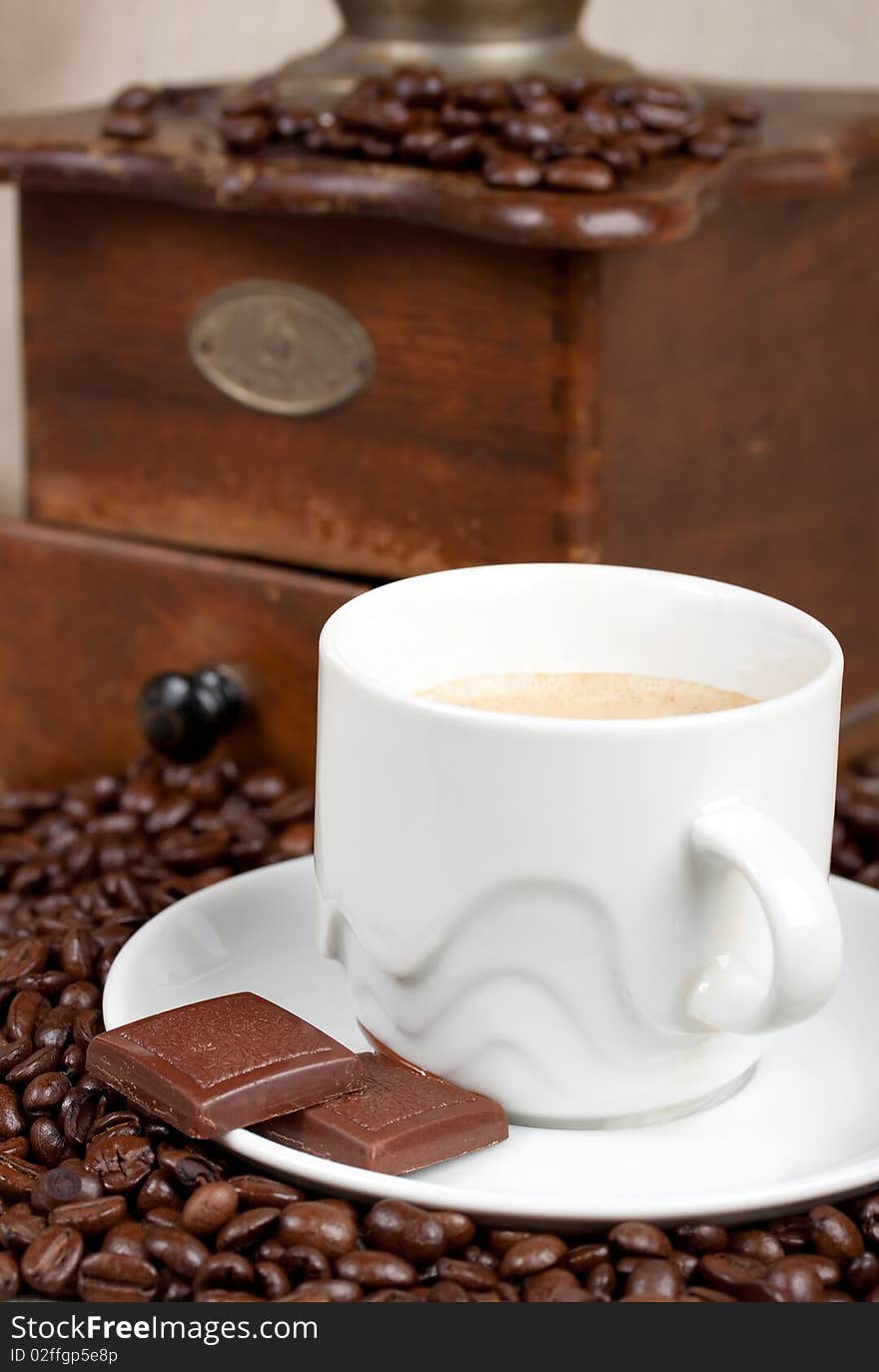 Cup of coffee and chocolate