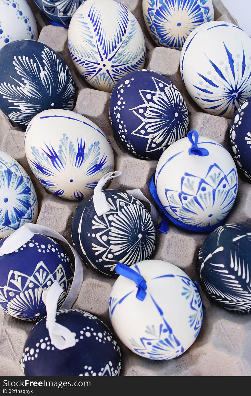 Easter decoration - wax painted eggs, blue and white. Easter decoration - wax painted eggs, blue and white