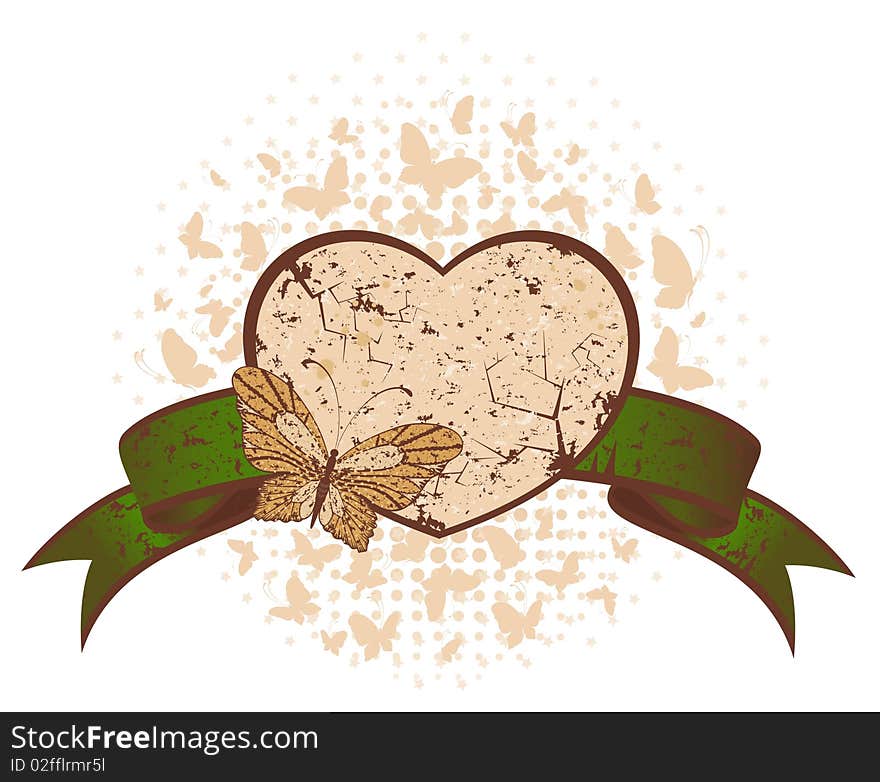 Grunge background with tropical butterfly and heart. Grunge background with tropical butterfly and heart