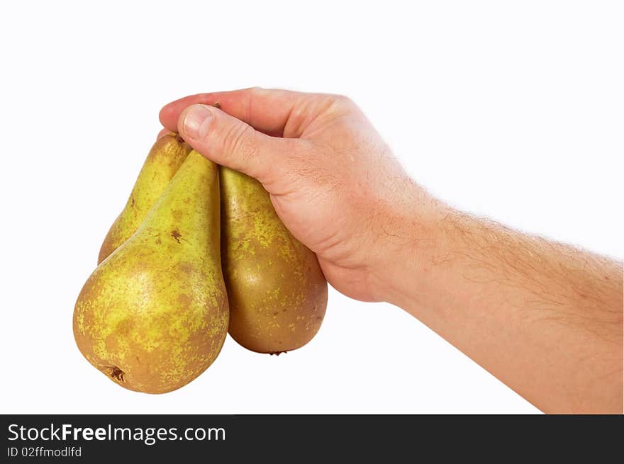 Man's hand with three pears isolated