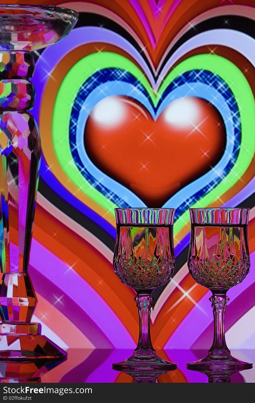 Wine glasses with hearts background