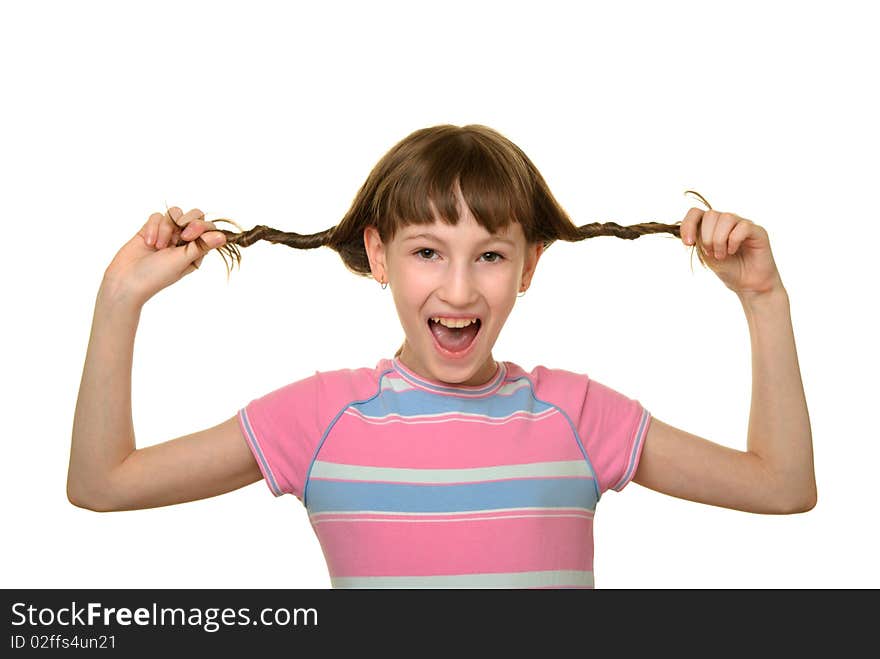 Happy girl with plaits isolated in white