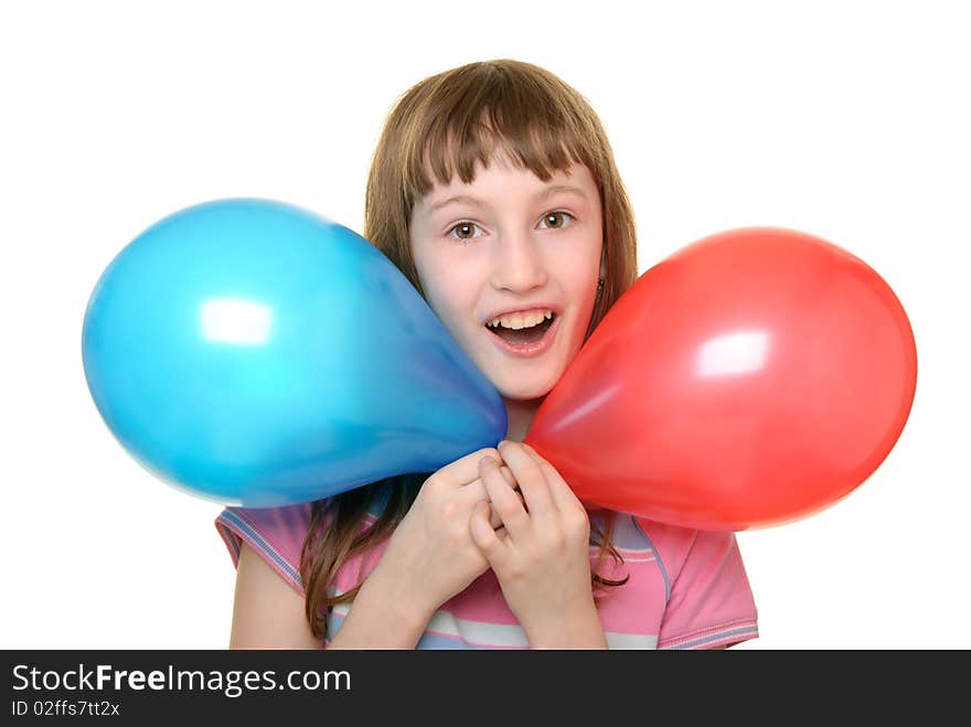 Girl with two colour balloons isolated in white