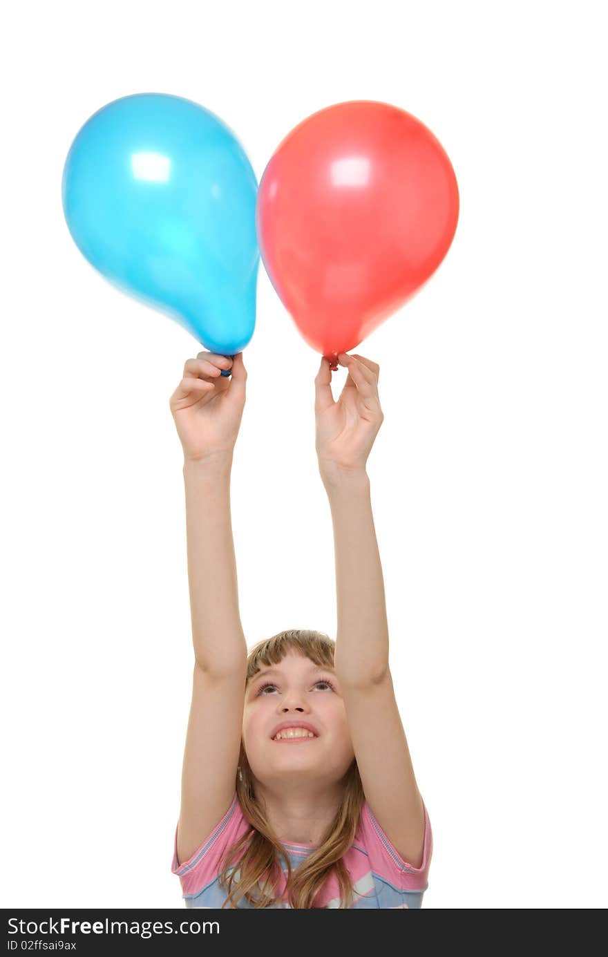 Girl with two balloons isolated in white