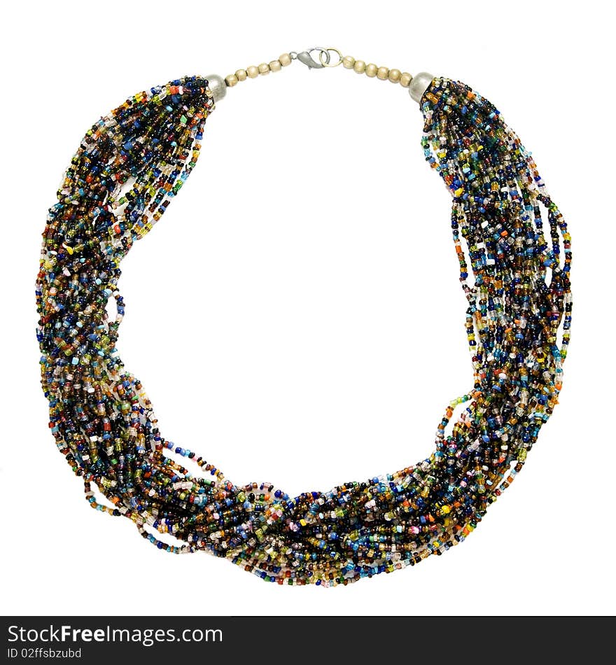 Necklace with multi-coloured threads of beads isolated over white