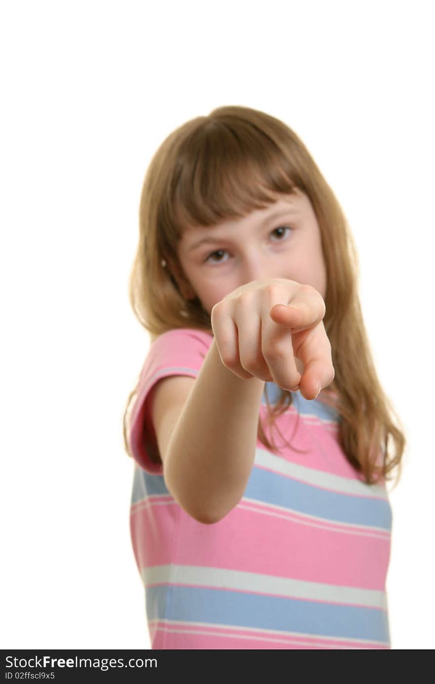 Girl points  finger isolated in white