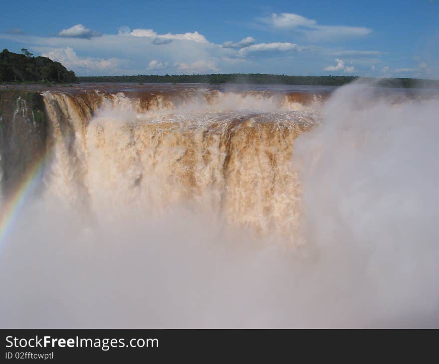 Iguassu waterfalls on a sunny day early in the morning. The biggest waterfalls on earth.