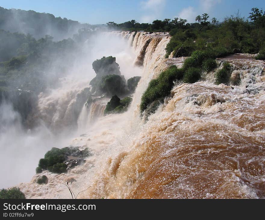 Iguassu waterfalls on a sunny day early in the morning. The biggest waterfalls on earth.