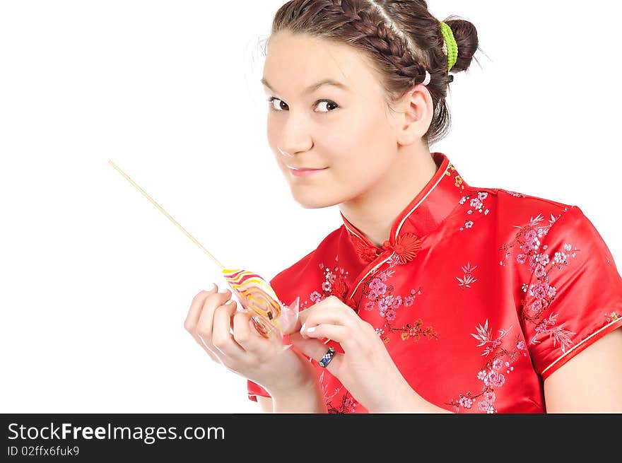 Girl in Chinese dress, opening licked. Girl in Chinese dress, opening licked