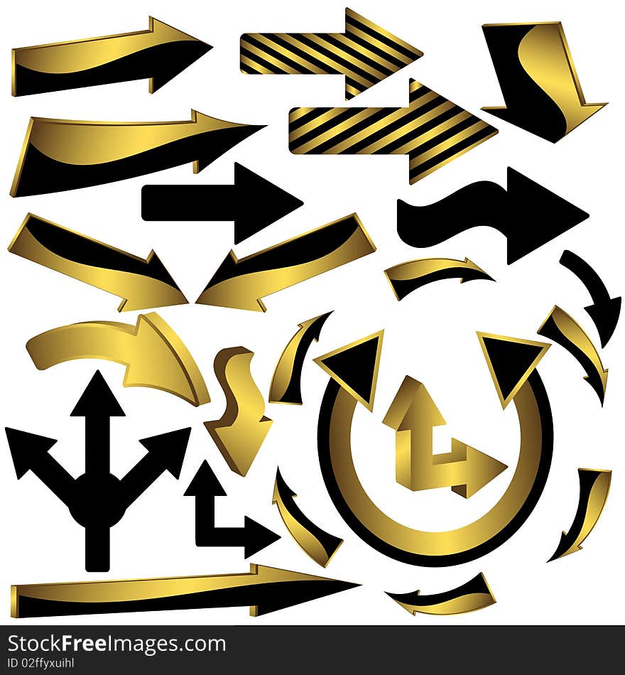 Set of gold and black arrow icons isolated on white for design. Set of gold and black arrow icons isolated on white for design