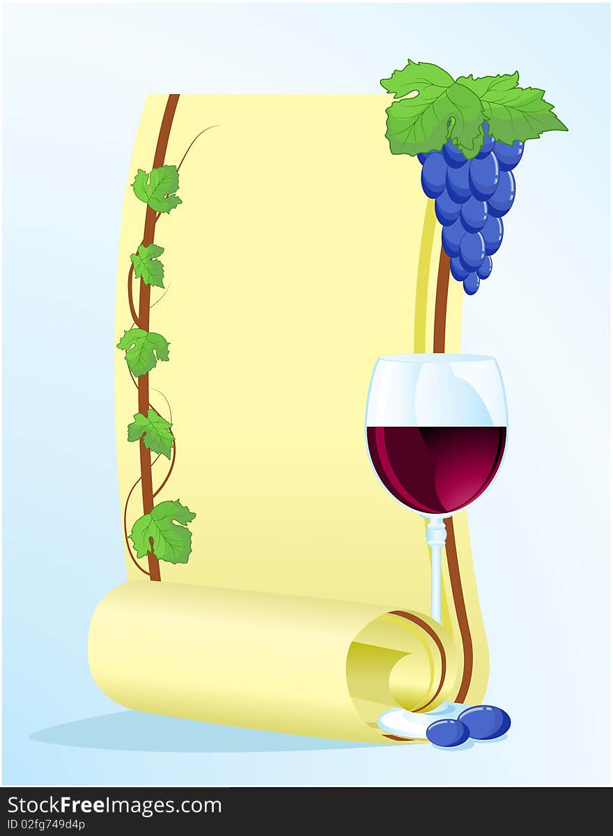 Frame for text decorated with grape vines and a glass of wine. Frame for text decorated with grape vines and a glass of wine